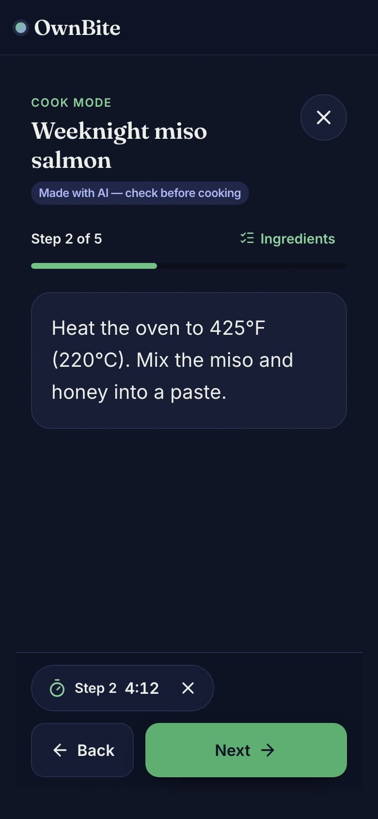 Cook mode showing step 2 of 5 with a running timer and Back and Next buttons.