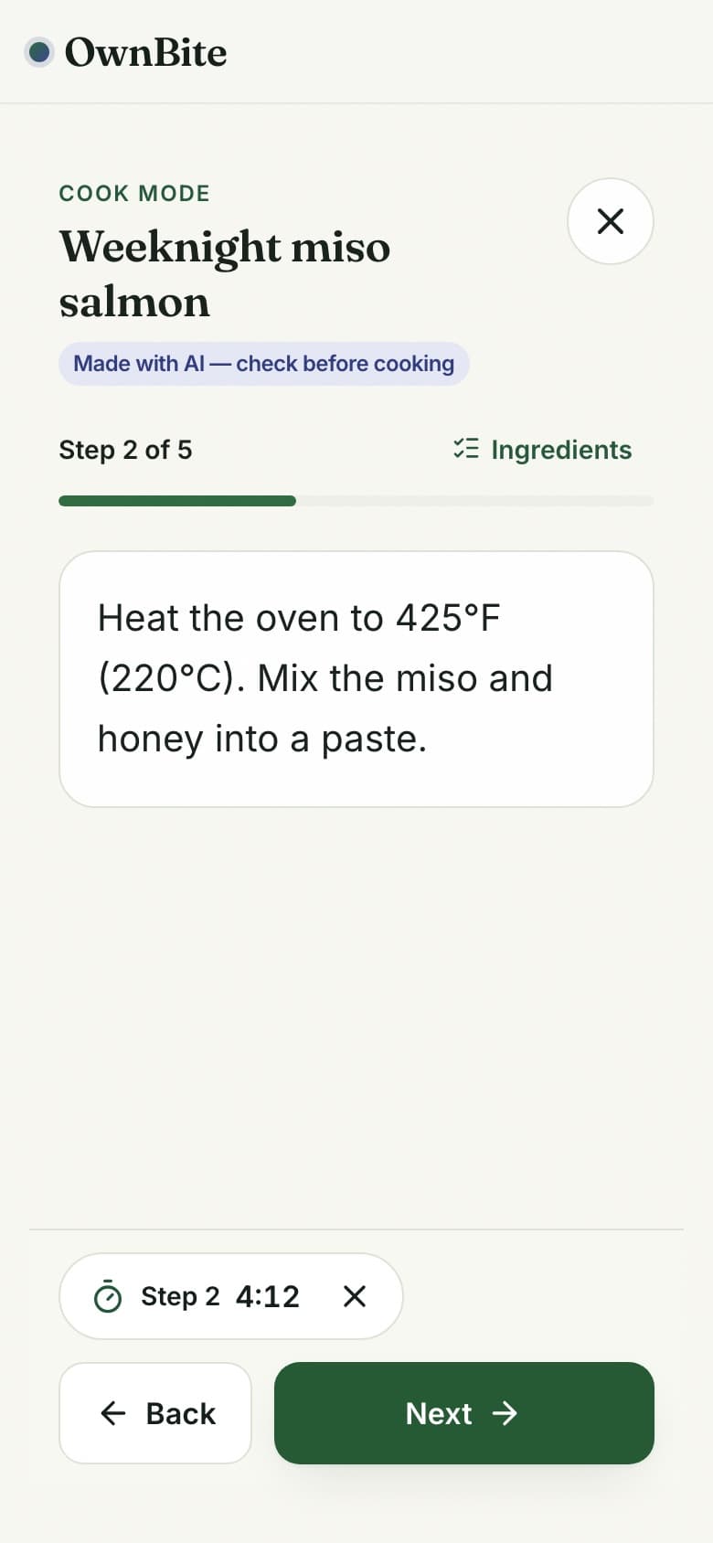 Cook mode showing step 2 of 5 with a running timer and Back and Next buttons.