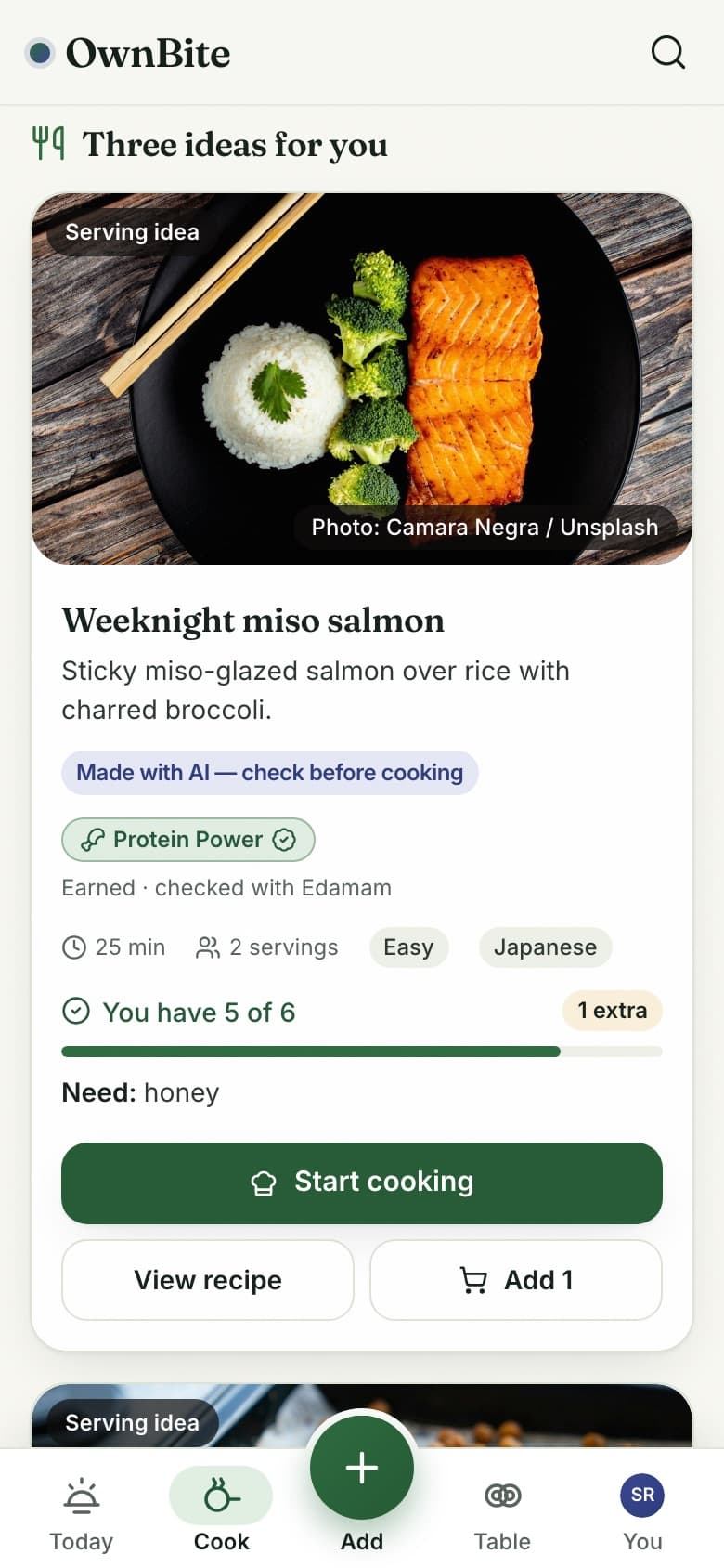 A Fridge to Fork result: Weeknight miso salmon, labelled Made with AI and Protein Power, with "You have 5 of 6".