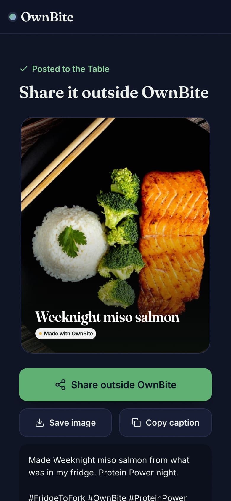 Share screen with a photo card of the dish and buttons to share outside OwnBite, save the image or copy the caption.